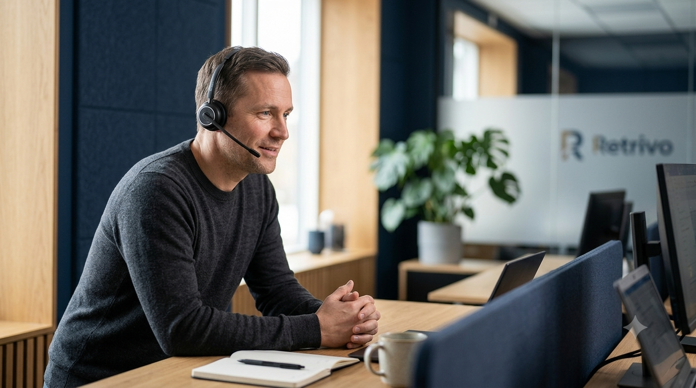 En medarbejder med headset lytter opmærksomt ved sit skrivebord